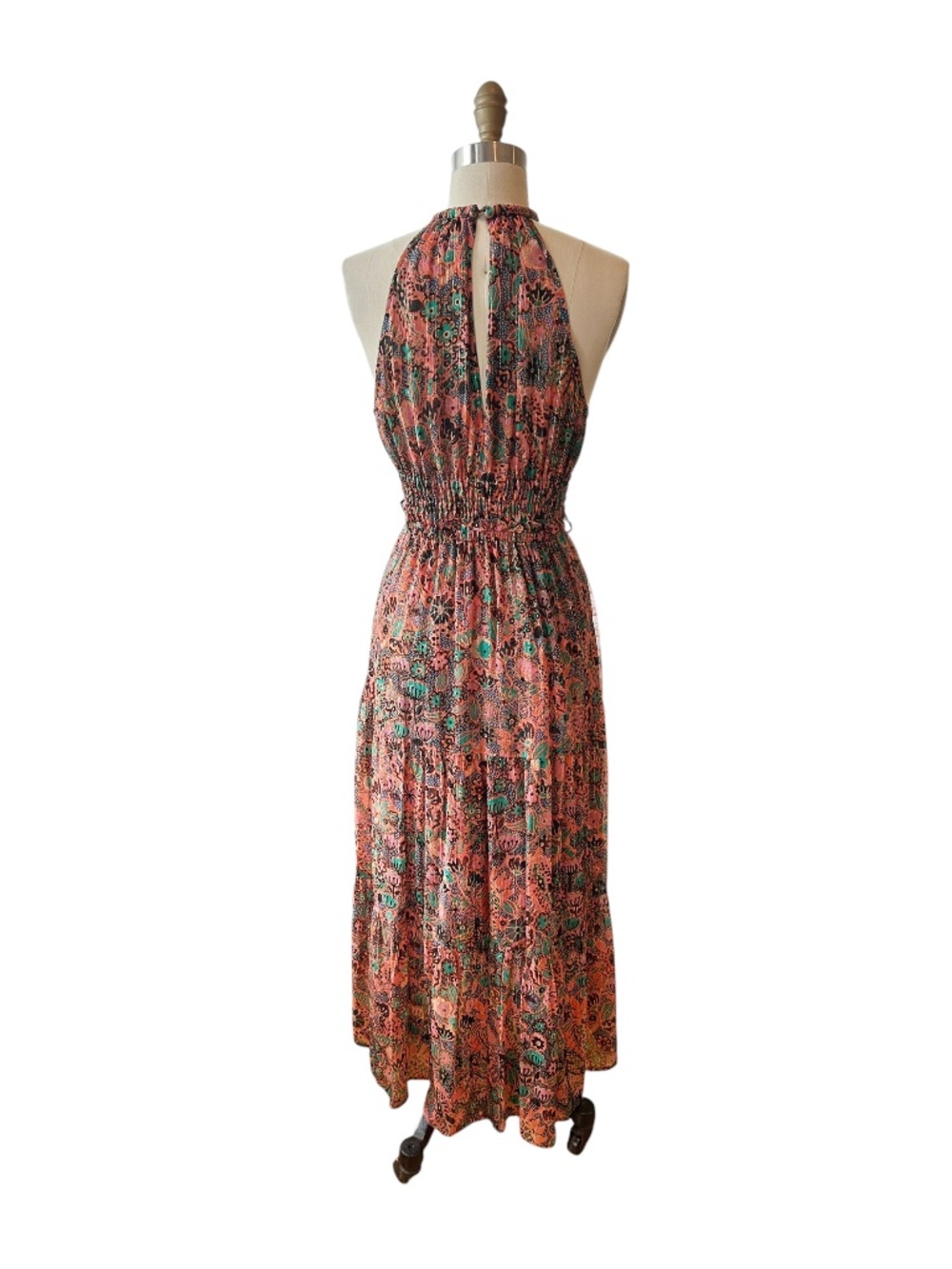 A.L.C. Elara Floral Halter Neck Silk Metallic Wedding Guest Dress Coral - Picture 3 of 6